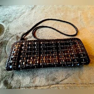 Elliott Luca Woven Black Leather Clutch with Detachable Shoulder Strap